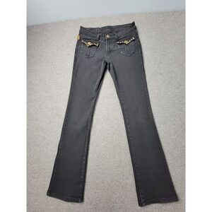 Robin's Jeans Womens 28 Black Denim Dark Wash Gold Stud Flap Pockets Flared Leg